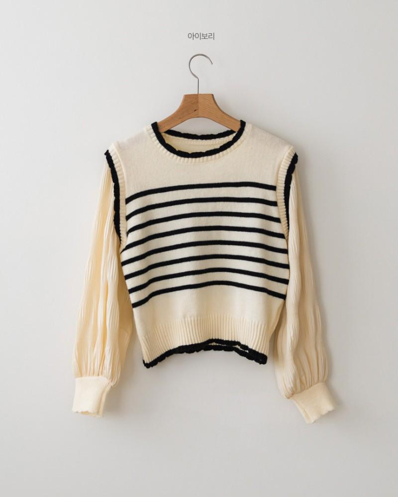 Women's Off-White Retro Patchwork Chiffon Striped Knit Sweater Shirt, One Size, Black, Korean Niche Design.