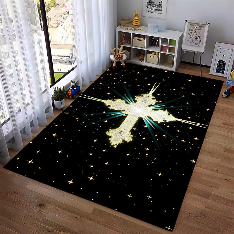 Shiny Cross with Starry Background Rug Non-slip rug suitable for living room and bedroom sofas.
