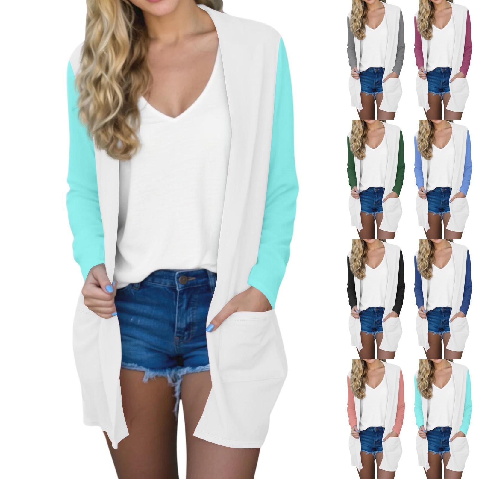 

Women s Fashion Casual Comfortable Splicing Color Mid-Length Cardigan Jacket M