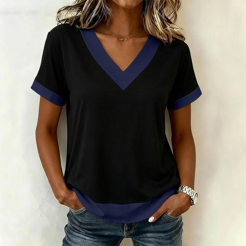Women's Casual Color Block V Neck Short Sleeve T Shirt Top Lightweight Soft Fabric Relaxed Fit Layered Hem Design