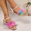 Fashion Women Sandals Fluffy Peep Toe Crystal Chunky Middle Heels Ladies Summer Shoes Fashion Buckle Sandalen Shoes for Women Designer