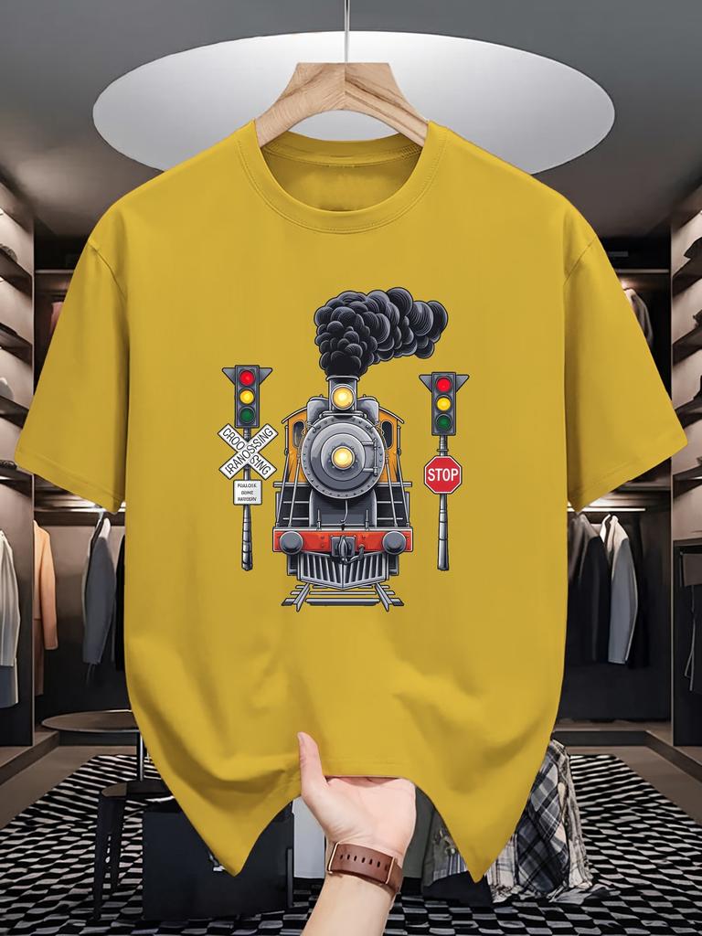 Classic Steam Locomotive Railway Crossing Graphic Mens Crew Neck T Shirt Retro Train Print Short Sleeve Casual Cotton Summer Top