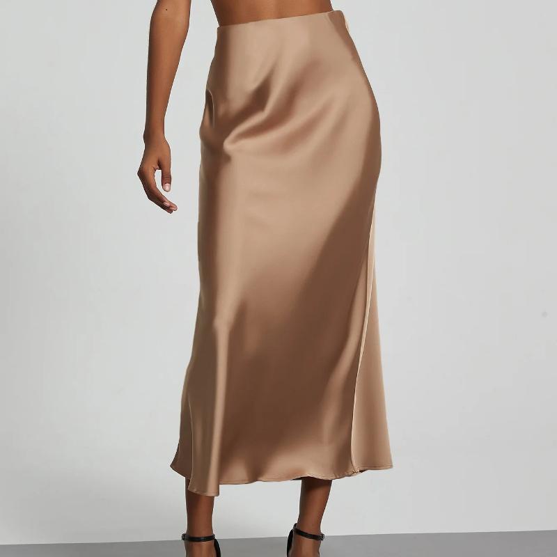 Gonne lunghe eleganti in raso estive da donna, tinta unita, vita alta, moda Faldas