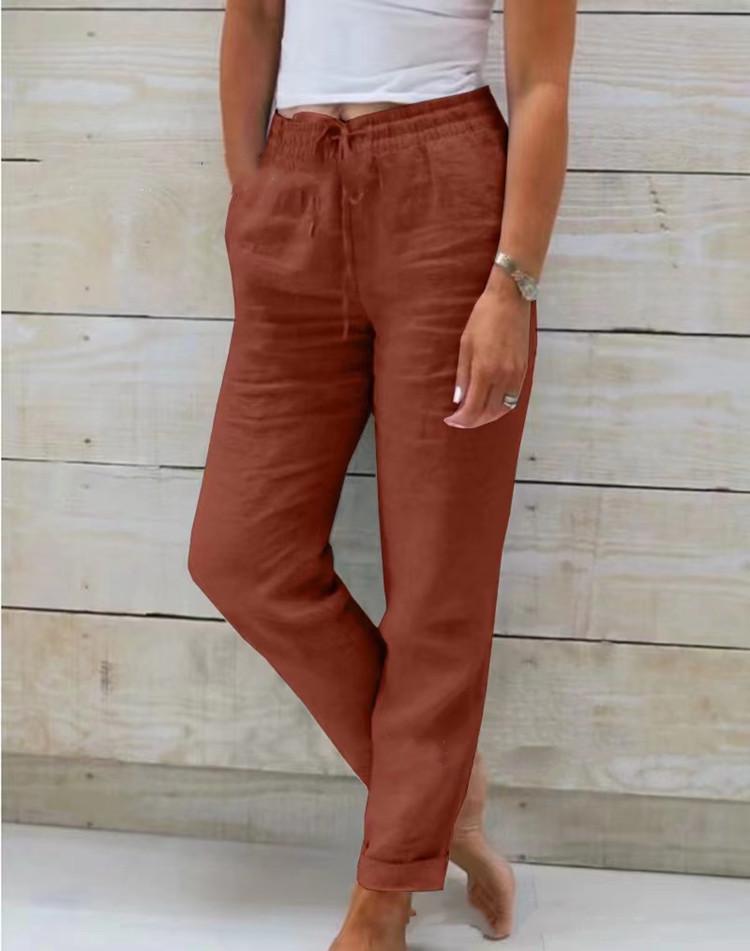 2023 Women's High Waist Elastic Cotton Linen Casual Pants