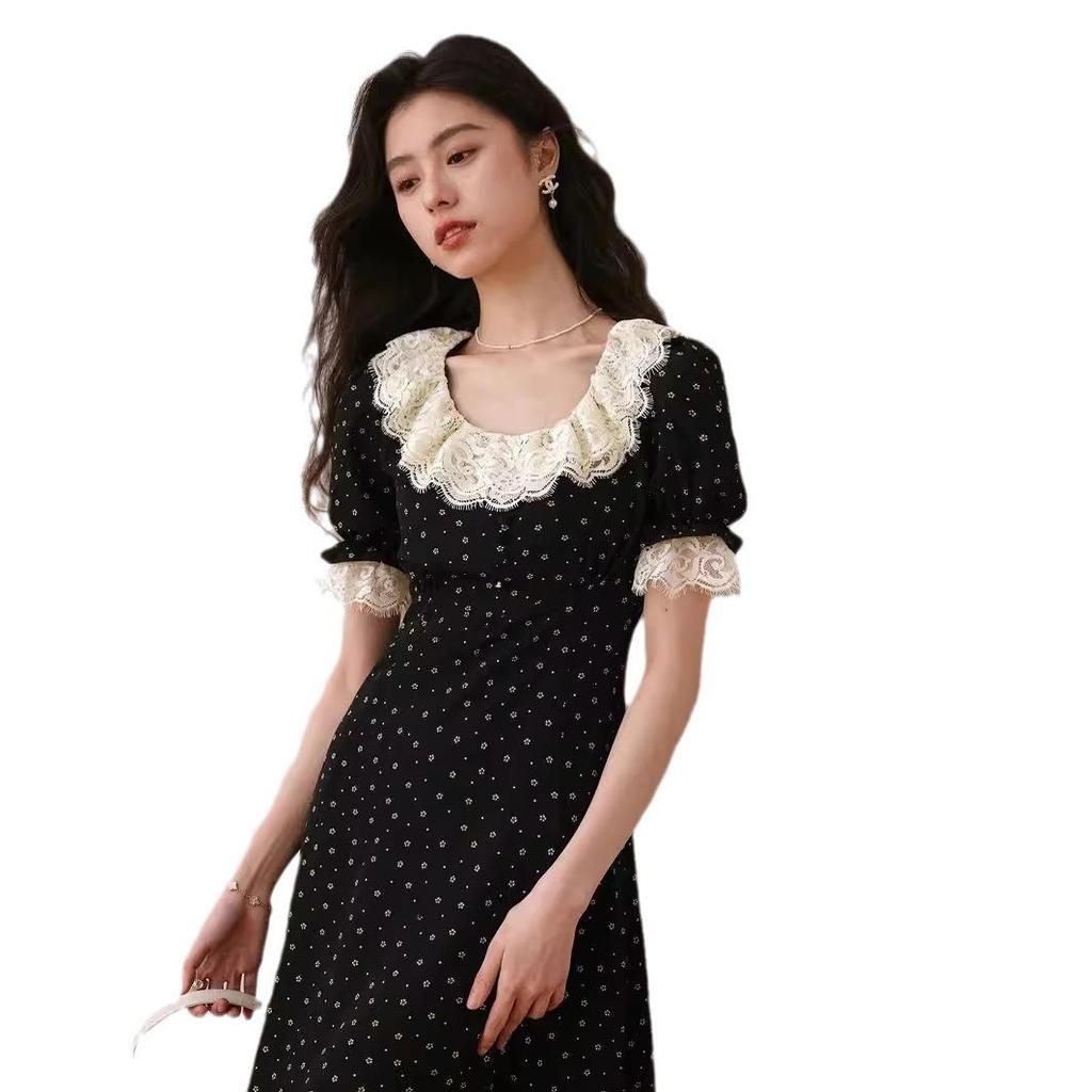 Black French Lotus Leaf Collar Floral Tea Dress - 2024 Summer Luxury Mid-Length Short Sleeve