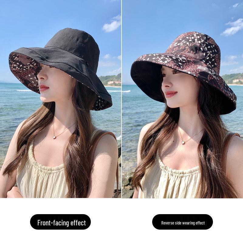 Women's Double-sided Sun Protection Bucket Hat - Summer Pure Cotton Anti-UV Wide Brim, Foldable for Travel.