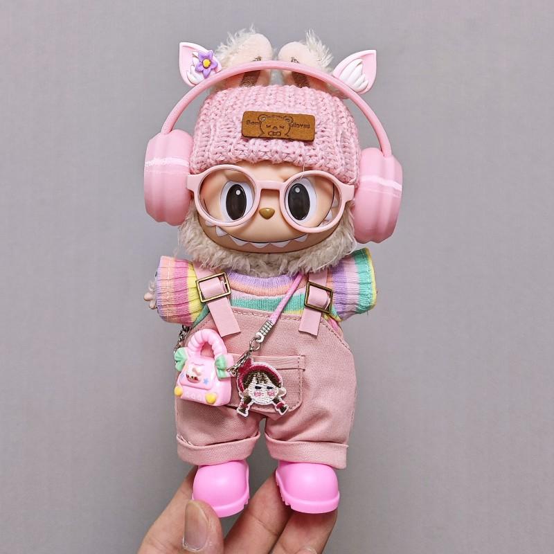 15cm 17cm Labubu Doll Outfit Set Pink Overalls With Ears Accessories 7pcs Fashion Clothing Collectible Dolls