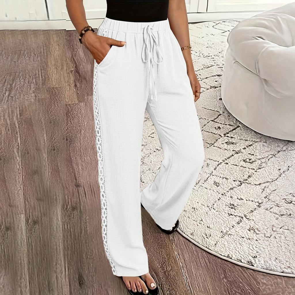 Ladies' Color Fashionable And Elegant Side Lace Slanted Pocket Casual Pants Long Pants
