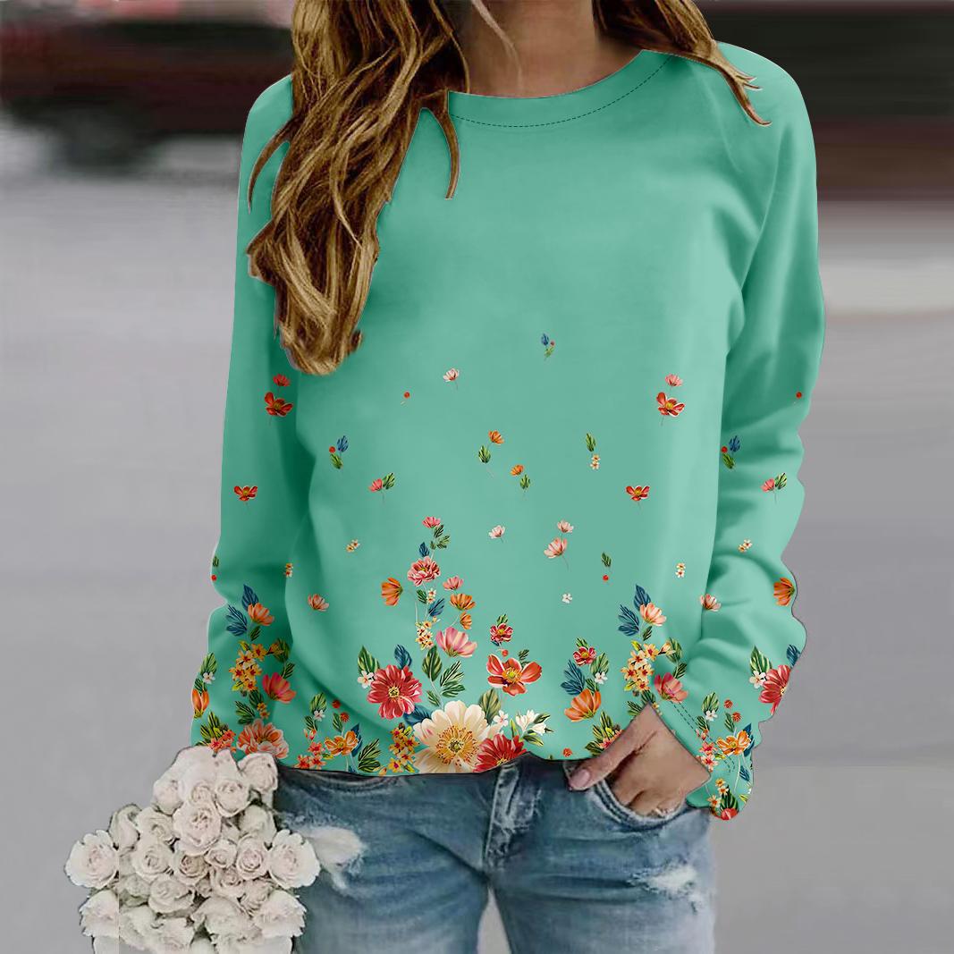 

Осенне-осенняя женская модная футболка с длинным рукавом и круглым вырезом, свободная одежда, синяя футболка с принтом летающих цветов для девочек, уличная 5XL циан