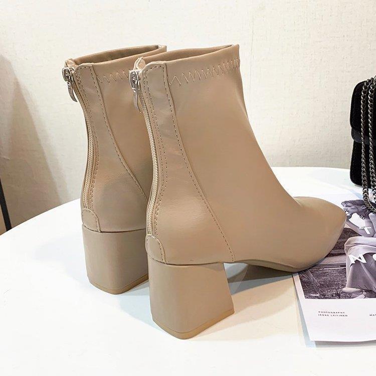 2021 Women's Square Toe Chunky Heel Martin Boots with Back Zipper - European & American Winter Style