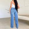 Jeans lunghi da donna a vita alta strappati con orlo sfilacciato comodi a gamba larga