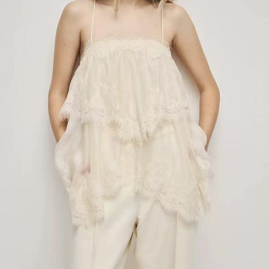 Women s New French Lace Camisole Top with Layered Ruffle Design – Fairy-Style Vacation Short Skirt. M