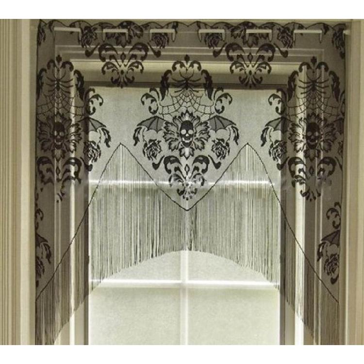 Halloween Black Lace Curtains Tassel Valance Skull Bat Tulle Topper Shawl