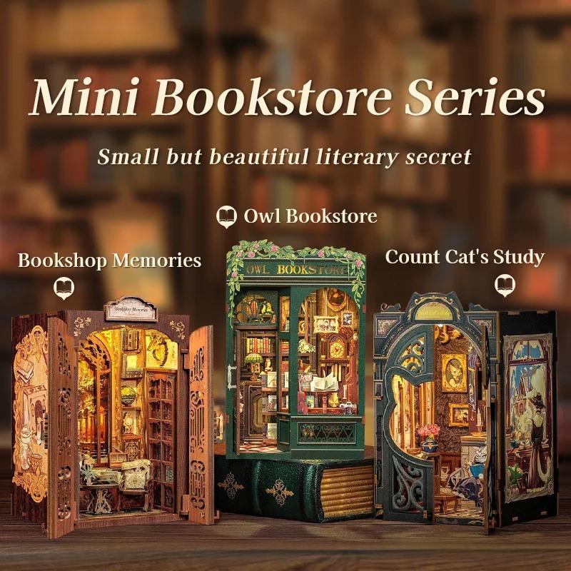 DIY Book Nook Kit Miniature Wooden Dollhouse with Lights Bookshelf Insert 3D Puzzle Model Owl Bookstore Gifts