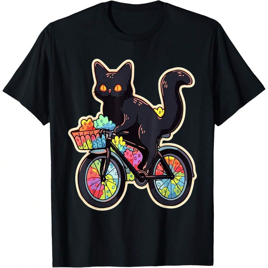 Cute Bicyclist Cat EDM Rave T-Shirt All Seasons,220g Pure Cotton Single-Sided Printed Crew Neck Short