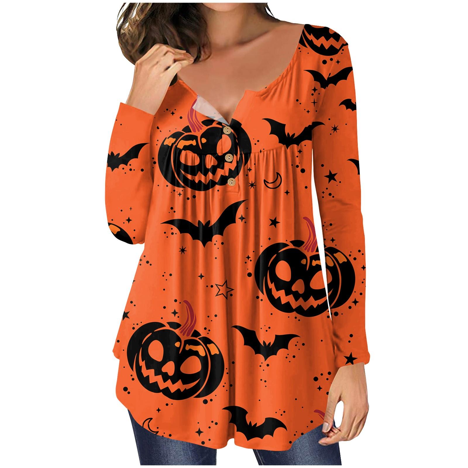 

Летняя женская мода повседневная блузка с длинным рукавом и пуговицами на Хэллоуин с круглым вырезом и принтом XL киноварь