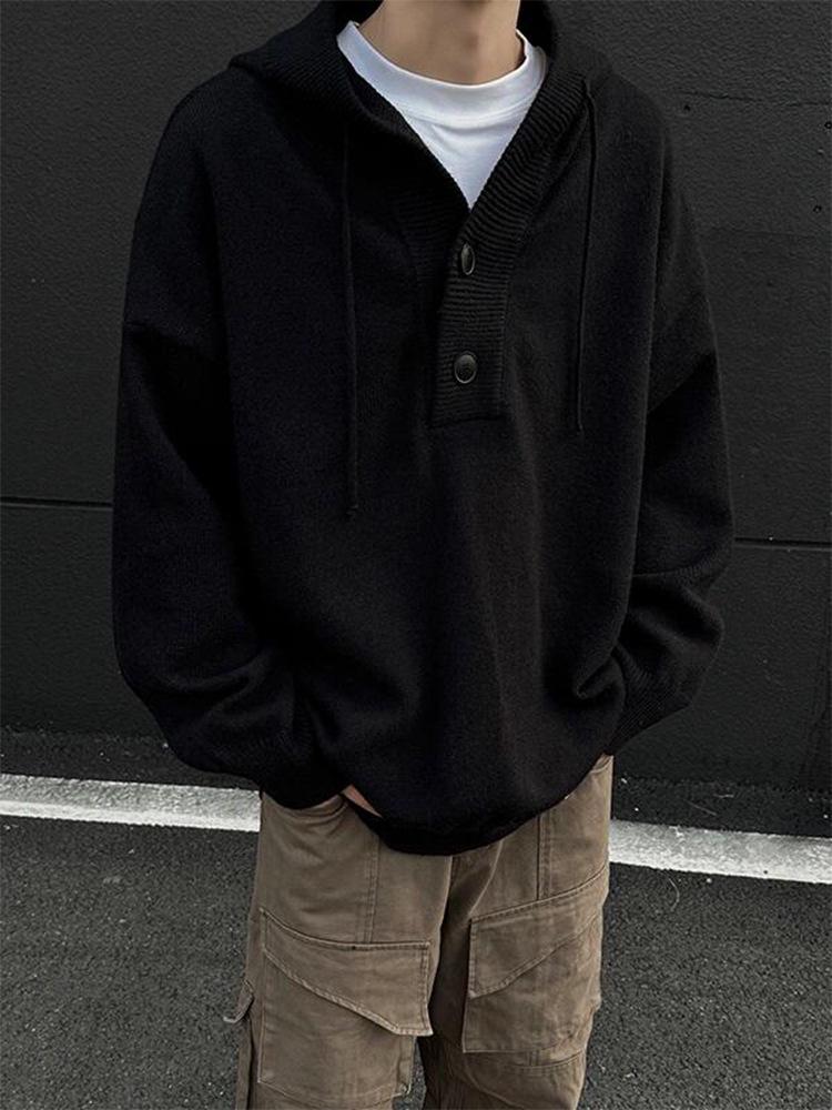 Men s Gray American Retro Thick Knit Hooded Sweater - Winter Heavyweight Lazy Style Inner Layer Hoodie Jacket L чёрный
