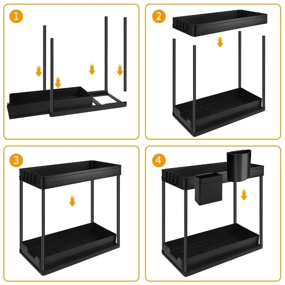 2 Tier Under Sink Storage Kitchen Organiser Sliding Storage Under Sink shelf Multi-Purpose Organisation Bottom Slide Out Basket