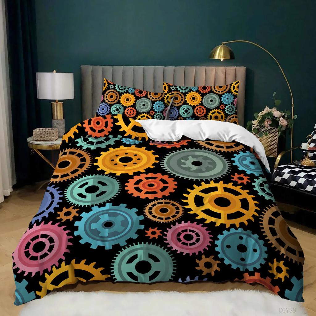 Industrial Gear Bedding Steampunk Style Duvet Cover King Queen Metal Mechanical Device Polyester Quilt Cover for Teens Men Black