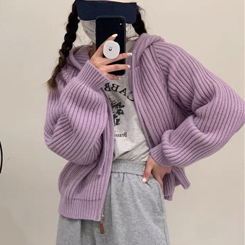 Autumn Winter Women Hooded Zipper Knitted Sweater New Loose Long Sleeved Cardigan Jackets Short Coats Sweet Casual Elegant Solid Color Clothing