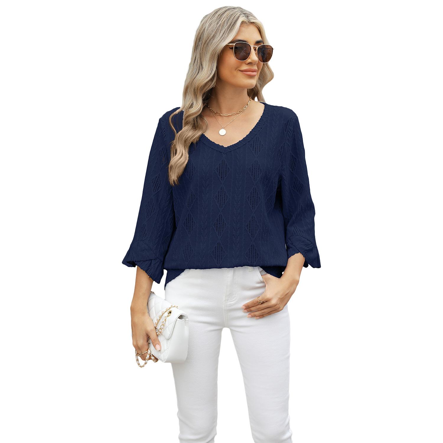 

Женская модная рубашка с V-образным вырезом, весна-лето, ромбовидная сетка, ажурный жаккардовый топ, свободная футболка с рукавом 7/10 XXL темно-синий