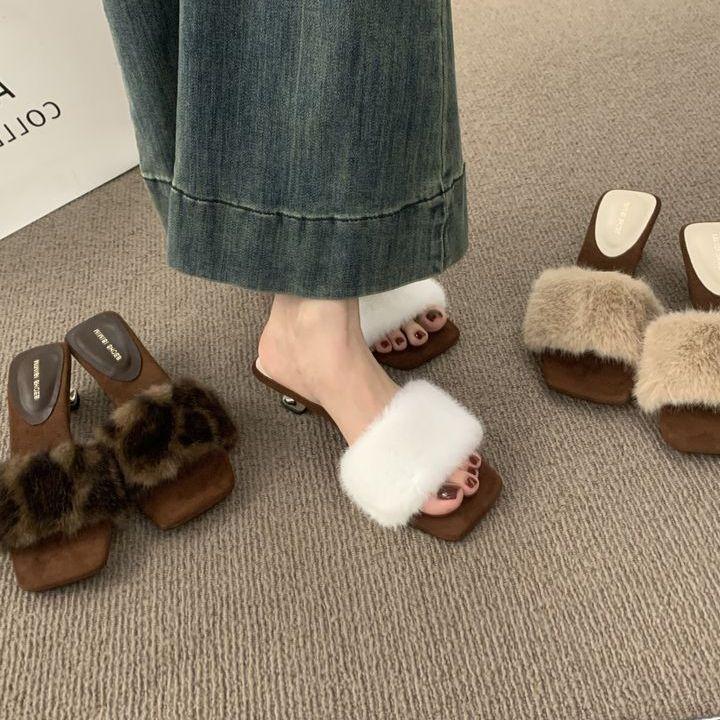 

Французский вечерний бриз с пушистыми тапочками для женской верхней одежды 2025 новые босоножки на высоком каблуке из кошачьего и норкового волоса 42 абрикосовый