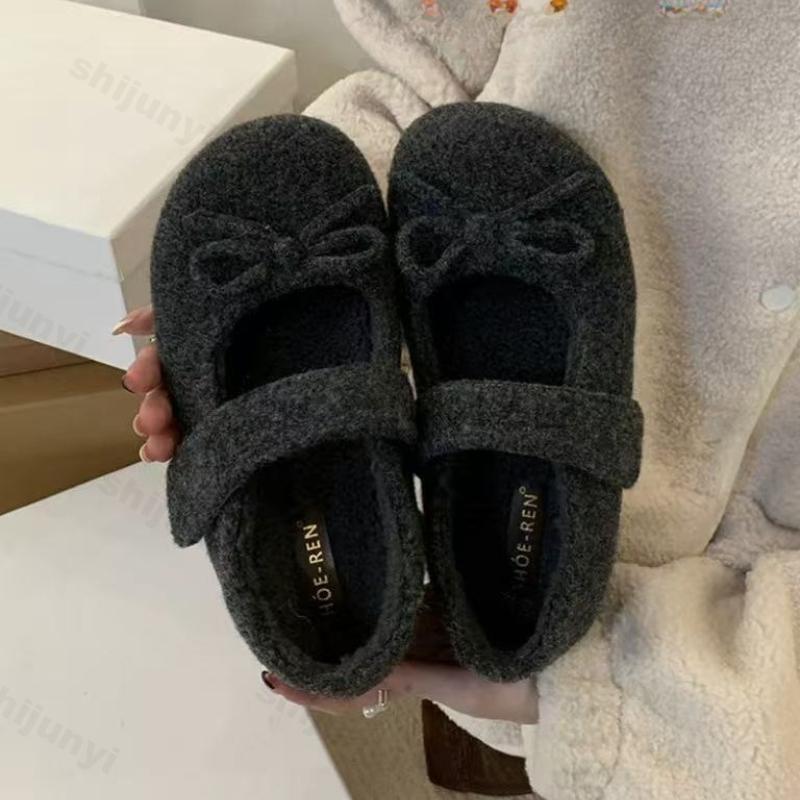 Fashion Women's Cotton Shoes 2025 Winter New Plush Thicken Warm Mary Jane Shoes Fashion Bow Knot Lightweight Comfortable Casual Flats
