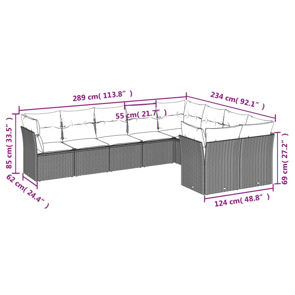 Vidaxl 9-Cz. Garden Furniture Set With Cushions, Grey, Poly Rattan