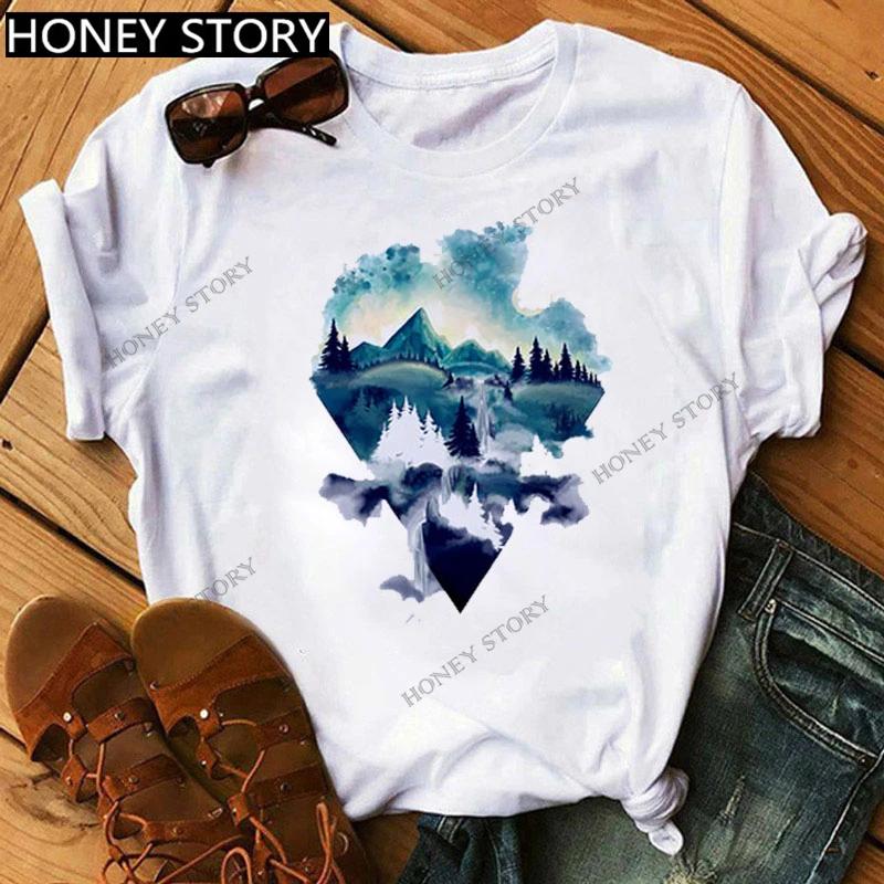 Mountain Print T-shirt Casual Harajuku T-shirt Beautiful Mountain Print Men's and Women's Trend Short Sleeve Summer polyester