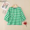 ZANZEA Women Loose Round Neck 3/4 Sleeve Casual Grid Print Blouse