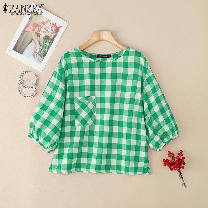 ZANZEA Women Loose Round Neck 3/4 Sleeve Casual Grid Print Blouse