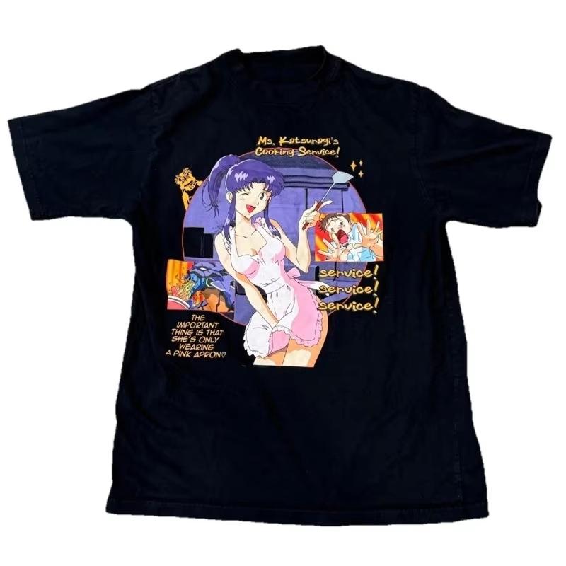 Neon Genesis Evangelion Misato Katsuragi Vintage Cartoon Print Schwarzes Baumwoll-T-Shirt für Damen und Herren Bequem XXXL black