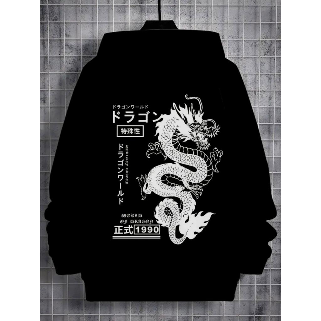 Boy Japanese Anime Dragon print Flower Hoodie -3D White Dragon with Japanese Design, Soft Polyester Hoodie Suitable for Indoor/Outdoor Activities