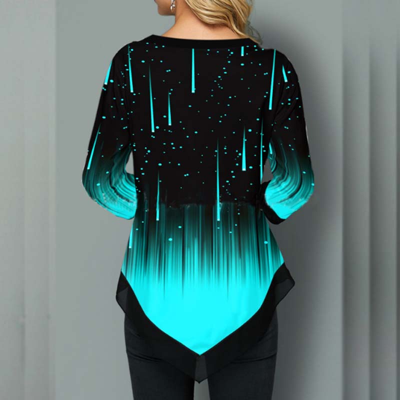 Women Fashion Long Sleeve Top Summer Fall 3D Digital Print V Neck Irregular Loose T Shirt
