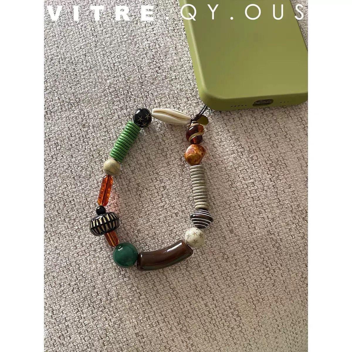 Roman Holiday Brown Green Retro Summer Vacation Original Beaded Phone Charm High-Value Exquisite Cute for Girls 【brown green retro】La