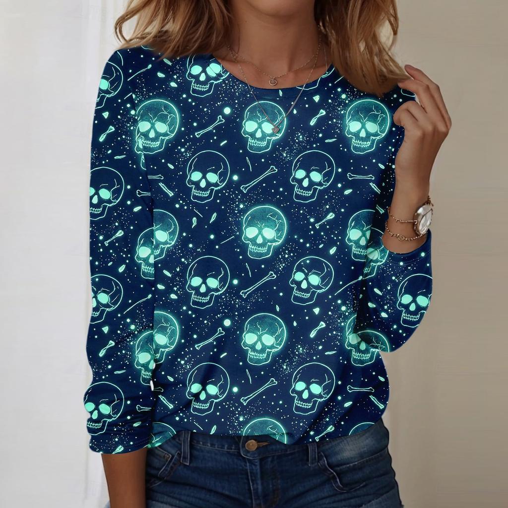 Women's Casual Long Sleeve Halloween Skull Print Pullover Crew Neck Top Lightweight Comfortable Fit for Everyday Wear