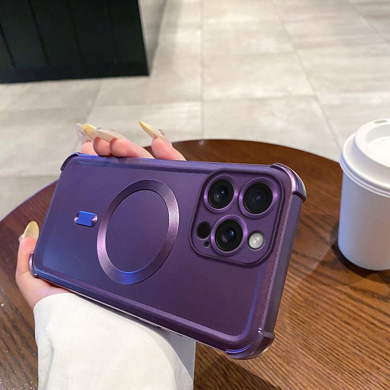 Applicable To IPhone 16 Metal Paint Magnetic Suction Mobile Phone Case Four Corners Anti Fall Apple 15 ProMax Airbag Protective Case 14