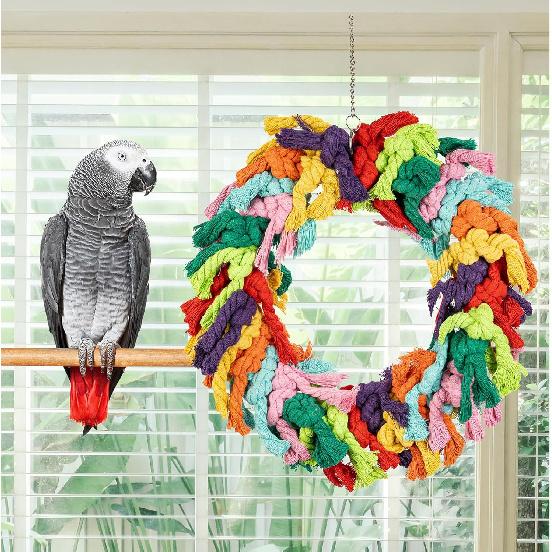 Parrot Swing for Large Birds - Colorful Cotton Rope Hanging Ring Toy for n Grey, Cockatoo, Conure, and Parakeet | Chewing, Exercise, Climbing, and