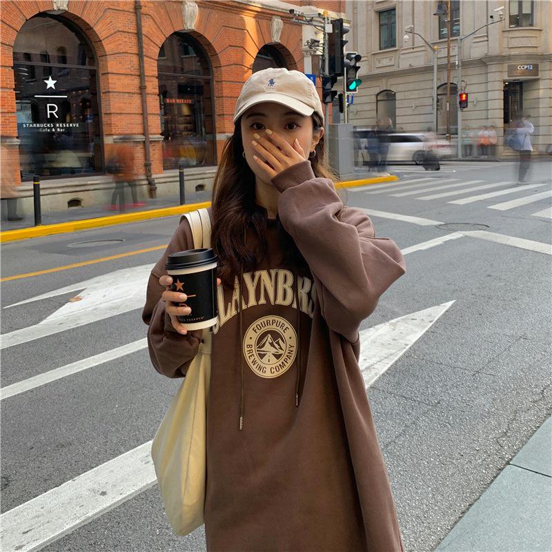 Korean Style Fleece-Lined Hooded Over-Knee Sweatshirt Coat - Plus Size Women's Autumn/Winter 2025 Collection