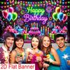 2D Blacklight Birthday Background Cloth, Neon Balloon & Cake Party Backdrop