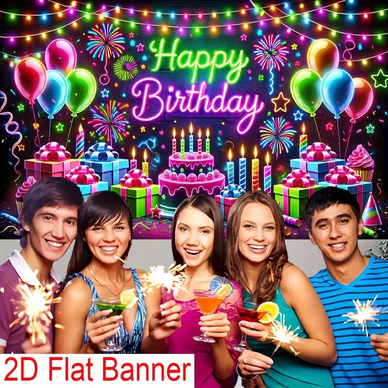 2D Blacklight Birthday Background Cloth, Neon Balloon & Cake Party Backdrop