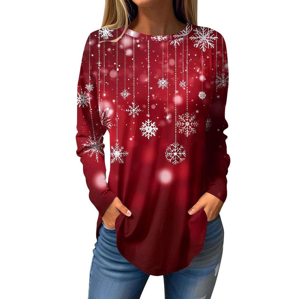 Damen T-Shirt mit Rundhalsausschnitt, Weihnachtsdruck, langärmelig