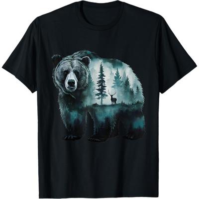 Majestic Grizzly Bear Deer Forest Scenic Nature Wildlife Art T-Shirt(1)