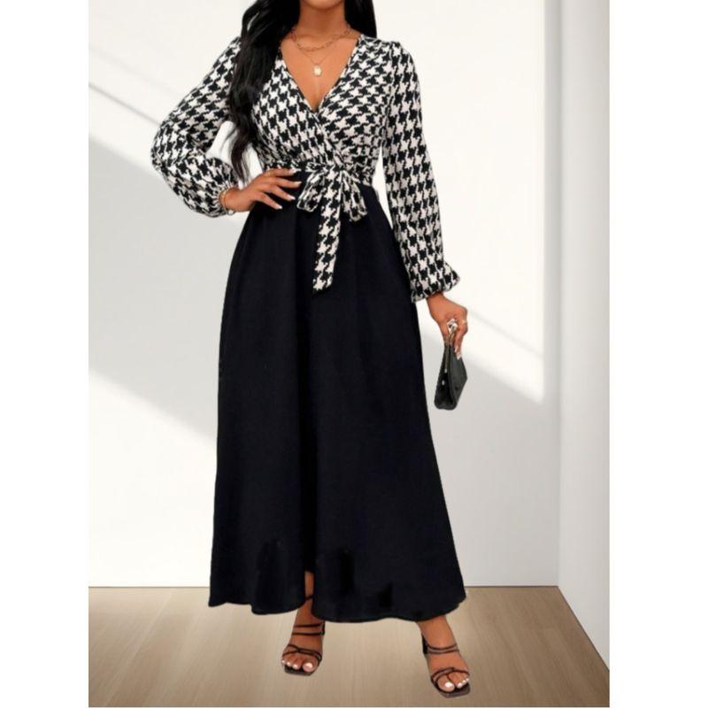 Autumn New Arrival Fashion Fashion Commuter Ol Waist-Tight V Neck Houndstooth Patchwork Mid Length Long Length Long Sleeves Dress Dress