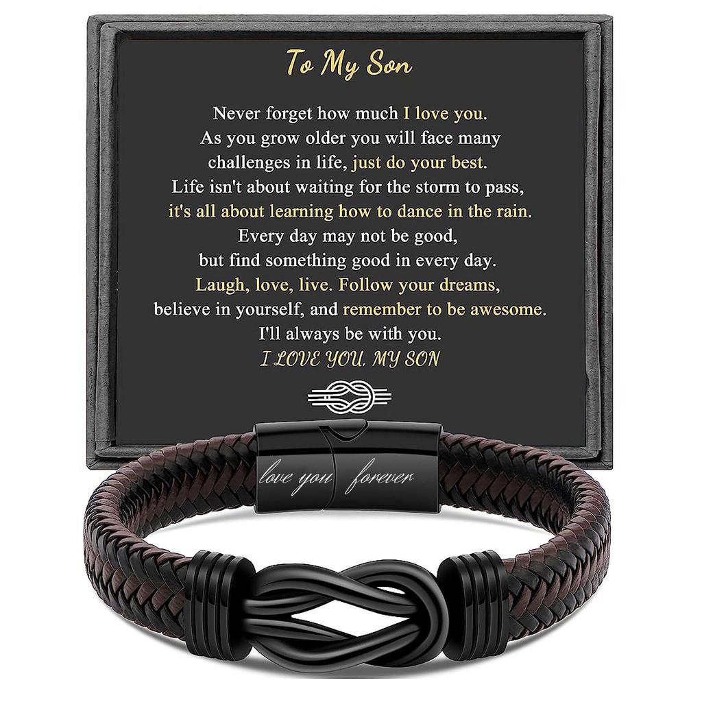 Bracelet en cuir avec nœud infini en acier inoxydable pour homme - Cadeau personnalisable pour les fils