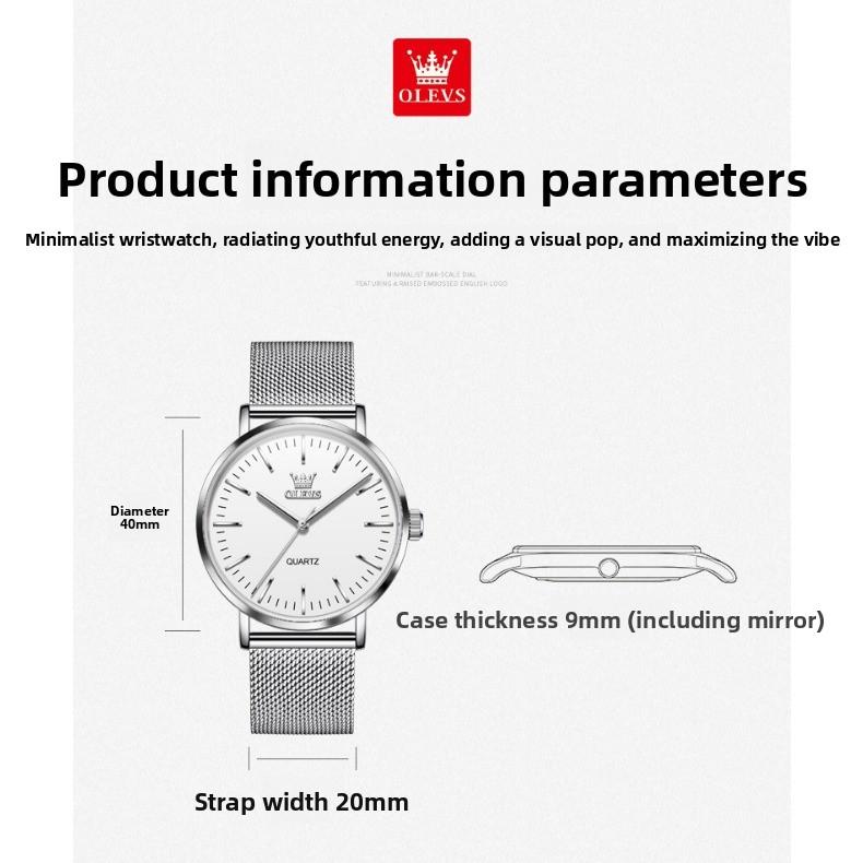 OLEVS Slim Style Bracelet Watch, Simple Design, Suitable for Students, Water-resistant Quartz Men's Watch, Men's Watch