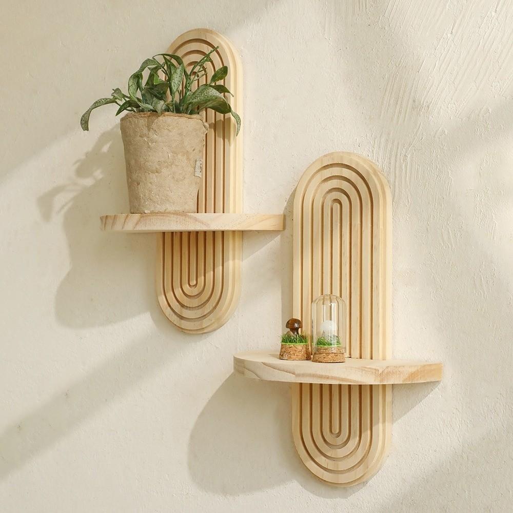 Oval Threaded Wooden Wall Shelves Natural Decorative Boho Style Rack Vintage Geometric Artistic Wooden Stand Plant Decorative