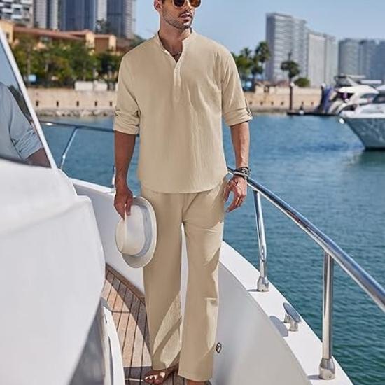 Men's Long Sleeve Shirt and Pants Suits Men Beach Wear Tracksuit Solid Color Shirts Sweatpants Hawaiian Vacation Men's Clothing