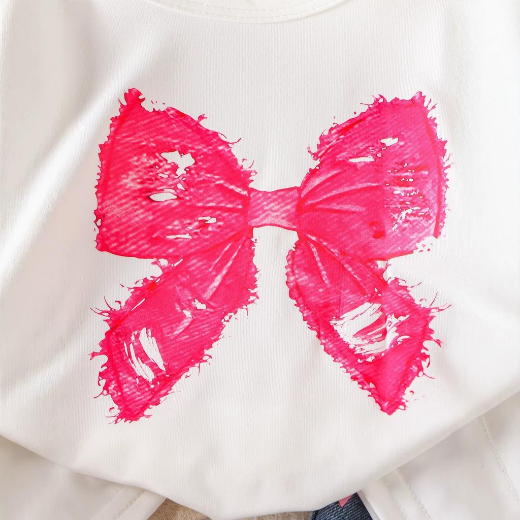 Girls' Fashion Set - Summer Children's Casual White T-shirt with Real Butterfly + 3D Butterfly Knot Washed Water Buffalo Jeans Set