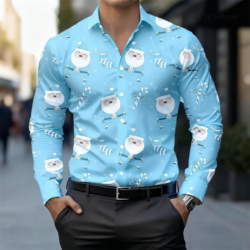 Weihnachten Langarmhemd Kragen Herren Button-Up Hemd Herbst Weihnachten Schneemann 3D-Druck Langarm Herren Feiertagsparty Oberteile